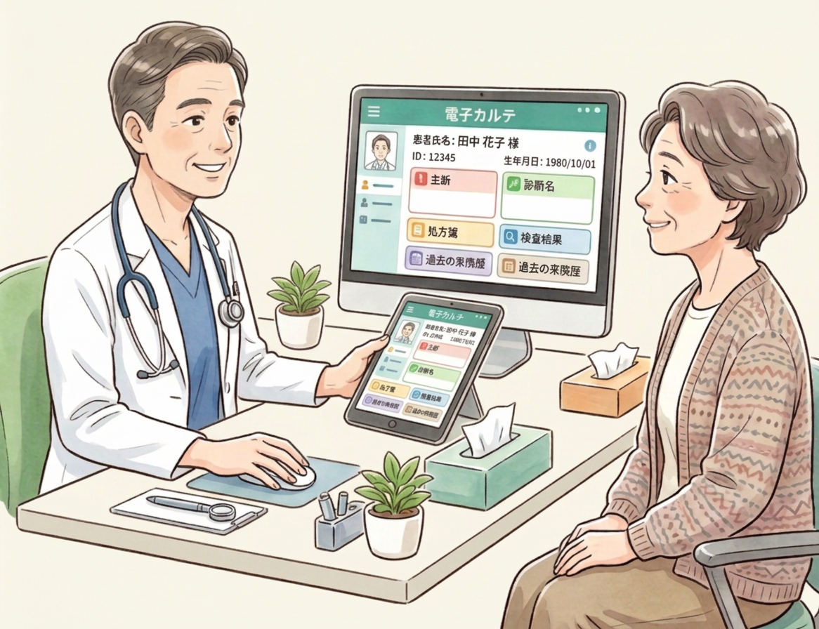 Patient Consultation Using Digital Medical Records Doctor and patient reviewing a Japanese electronic medical record labeled 電子カルテ